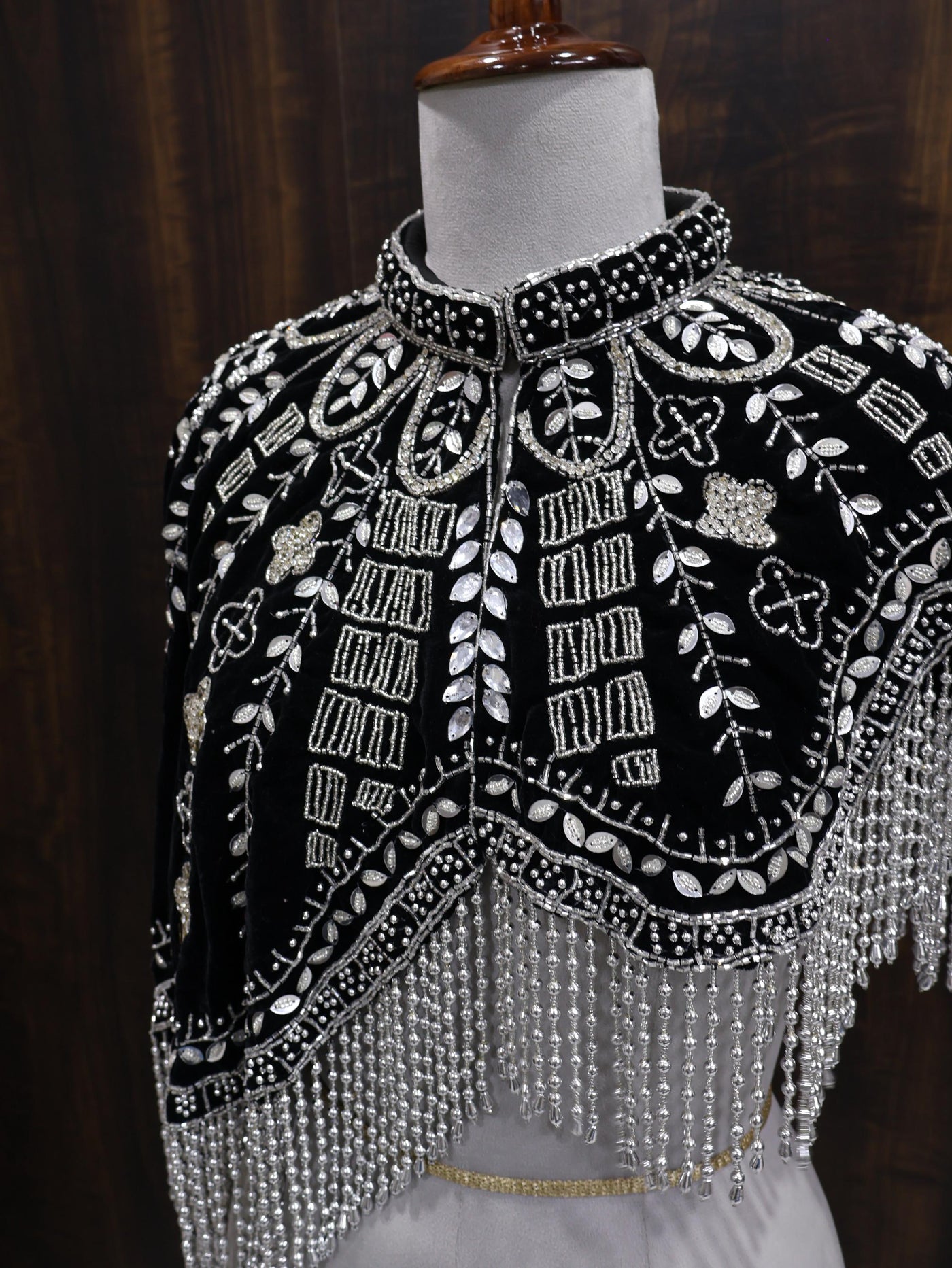 Silver Black Velvet Heavy Embroidered Drop Shoulder Cape