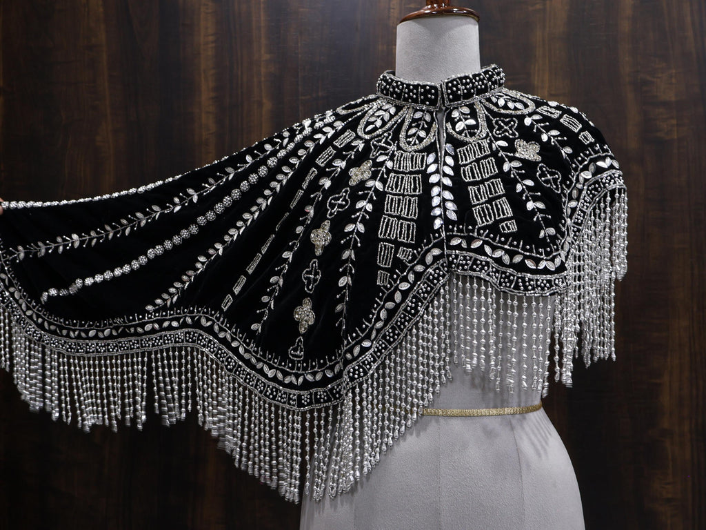 Silver Black Velvet Heavy Embroidered Drop Shoulder Cape