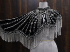 Silver Black Velvet Heavy Embroidered Drop Shoulder Cape
