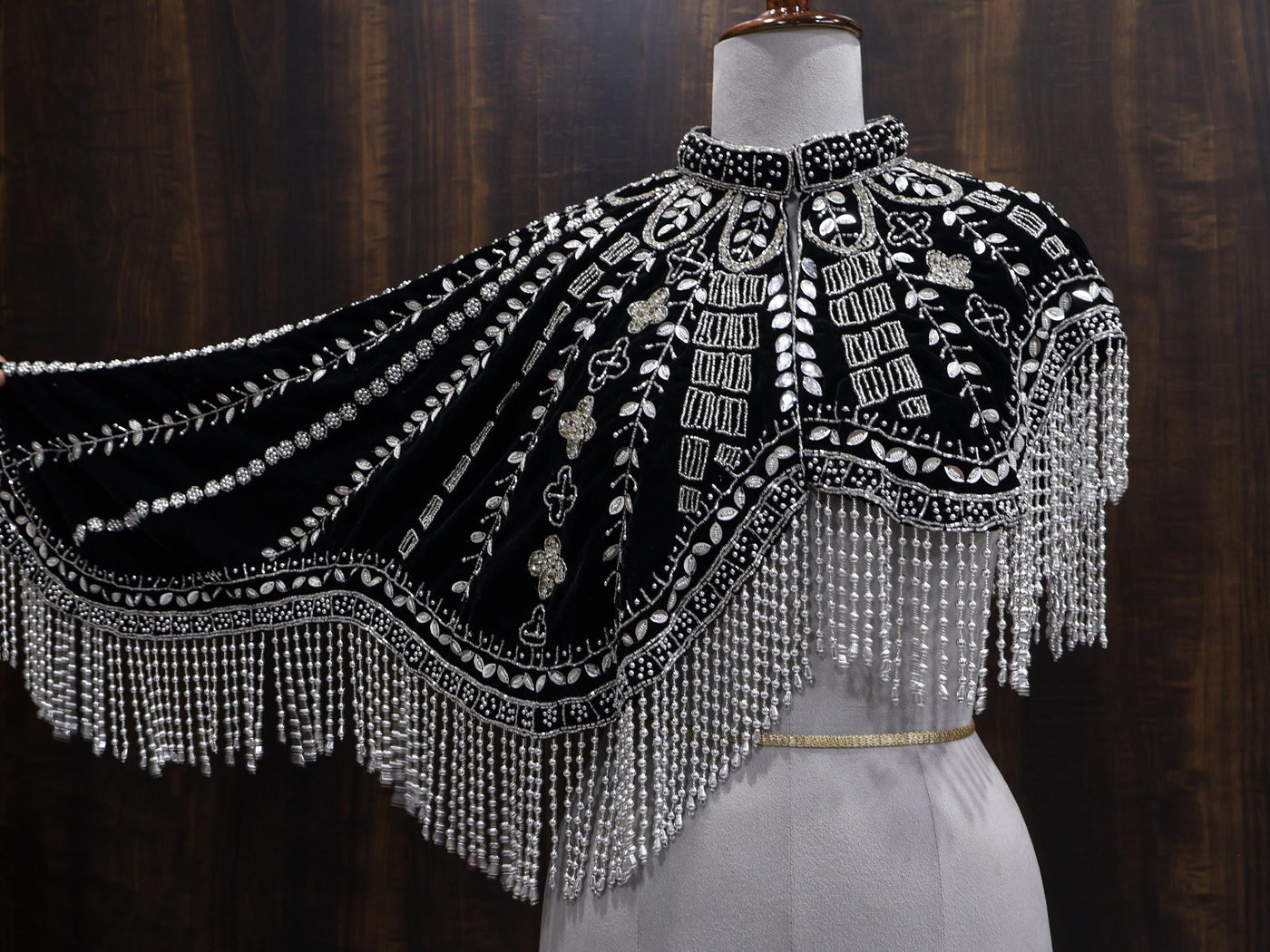 Silver Black Velvet Heavy Embroidered Drop Shoulder Cape