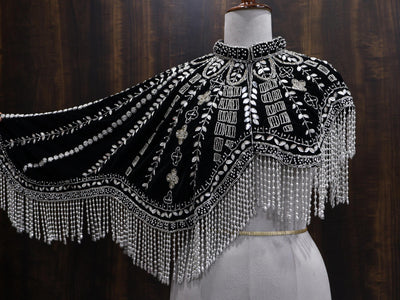 Silver Black Velvet Heavy Embroidered Drop Shoulder Cape