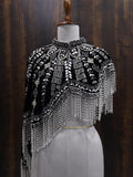 Silver Black Velvet Heavy Embroidered Drop Shoulder Cape