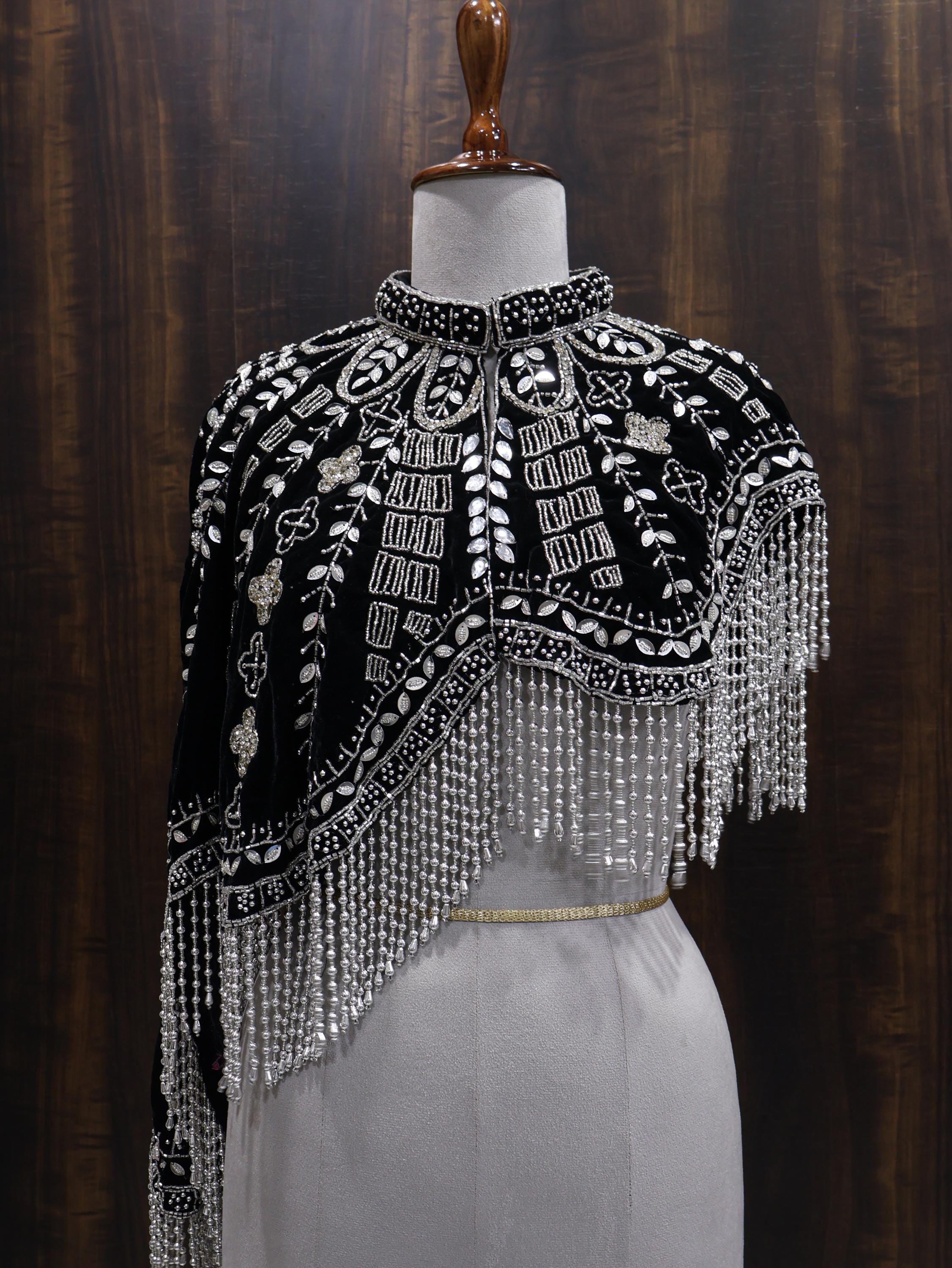 Silver Black Velvet Heavy Embroidered Drop Shoulder Cape