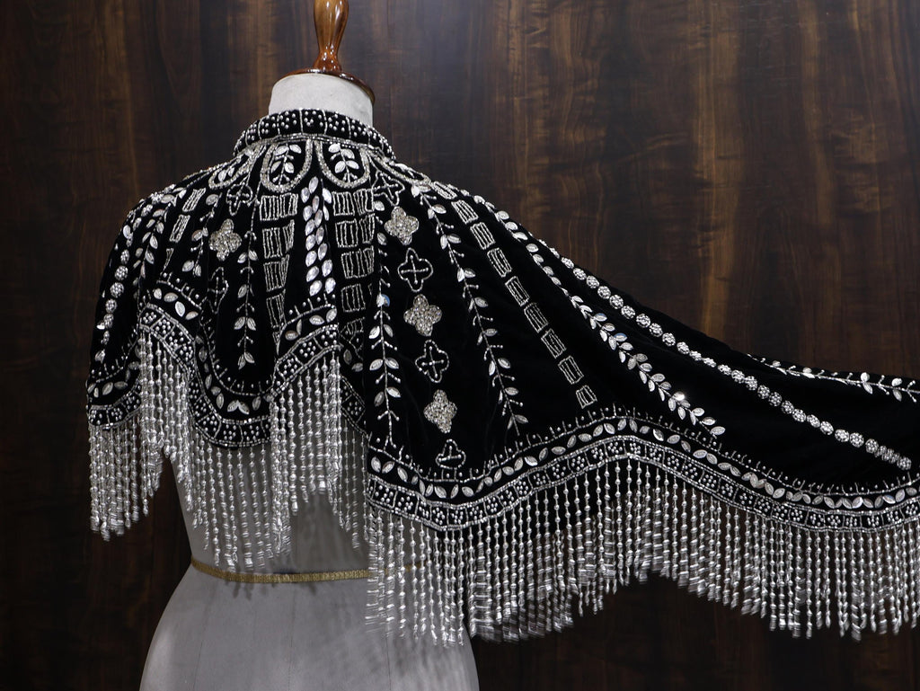Silver Black Velvet Heavy Embroidered Drop Shoulder Cape