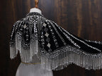 Silver Black Velvet Heavy Embroidered Drop Shoulder Cape