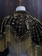 Golden Black Velvet Heavy Embroidered Drop Shoulder Cape