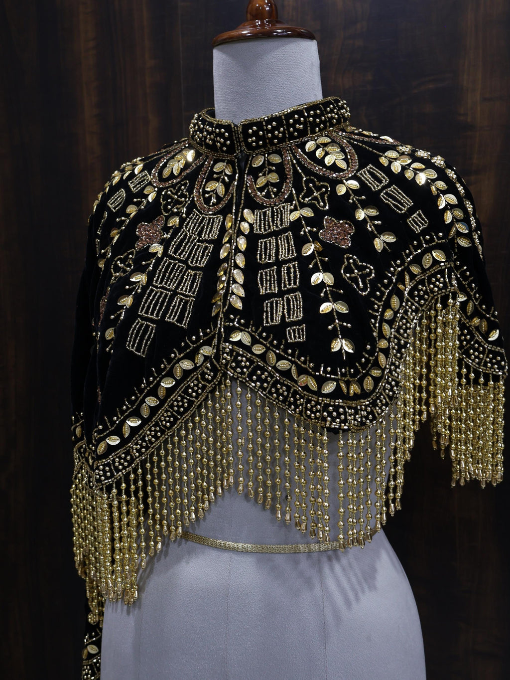 Golden Black Velvet Heavy Embroidered Drop Shoulder Cape