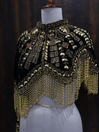 Golden Black Velvet Heavy Embroidered Drop Shoulder Cape