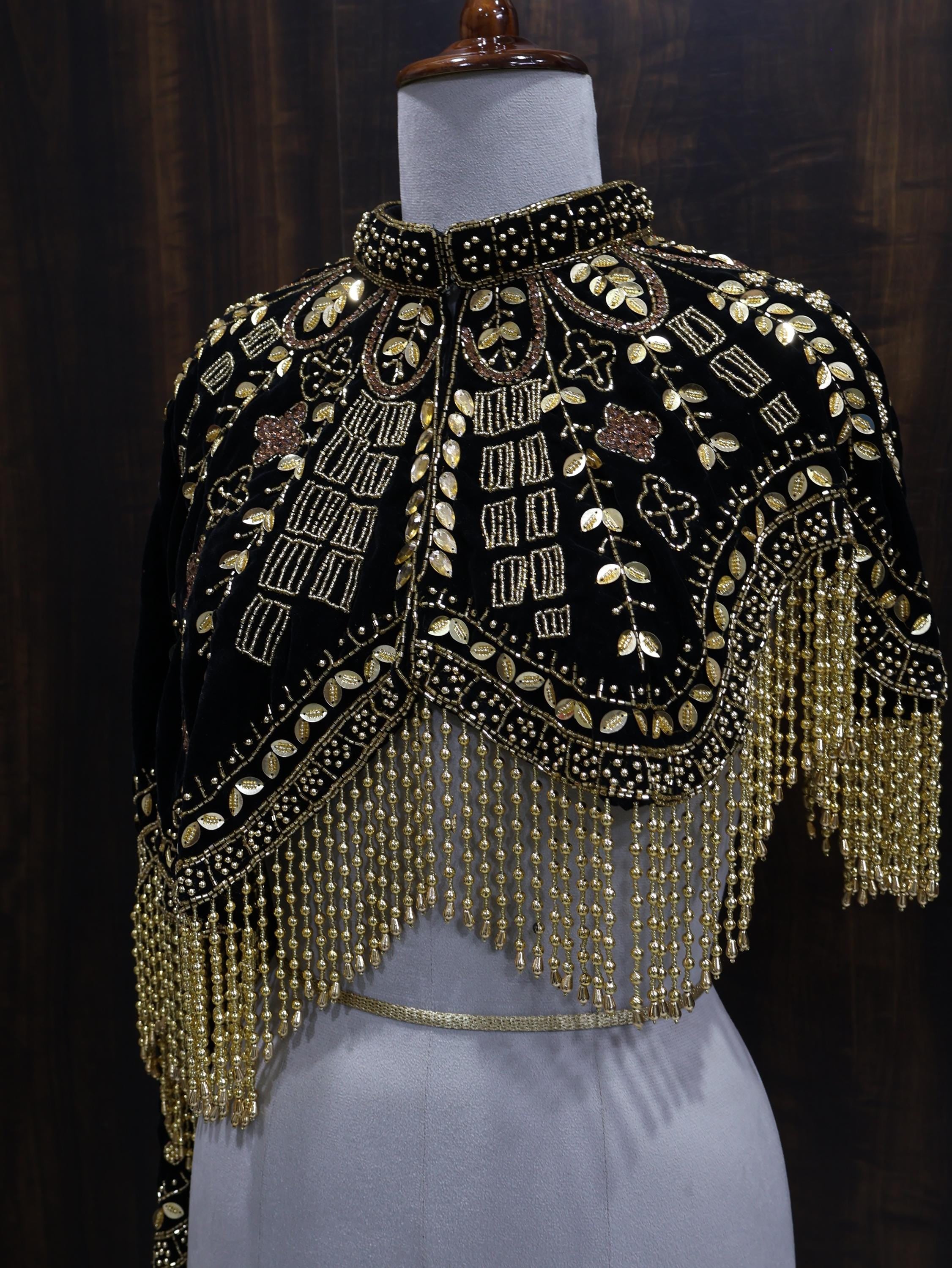 Golden Black Velvet Heavy Embroidered Drop Shoulder Cape