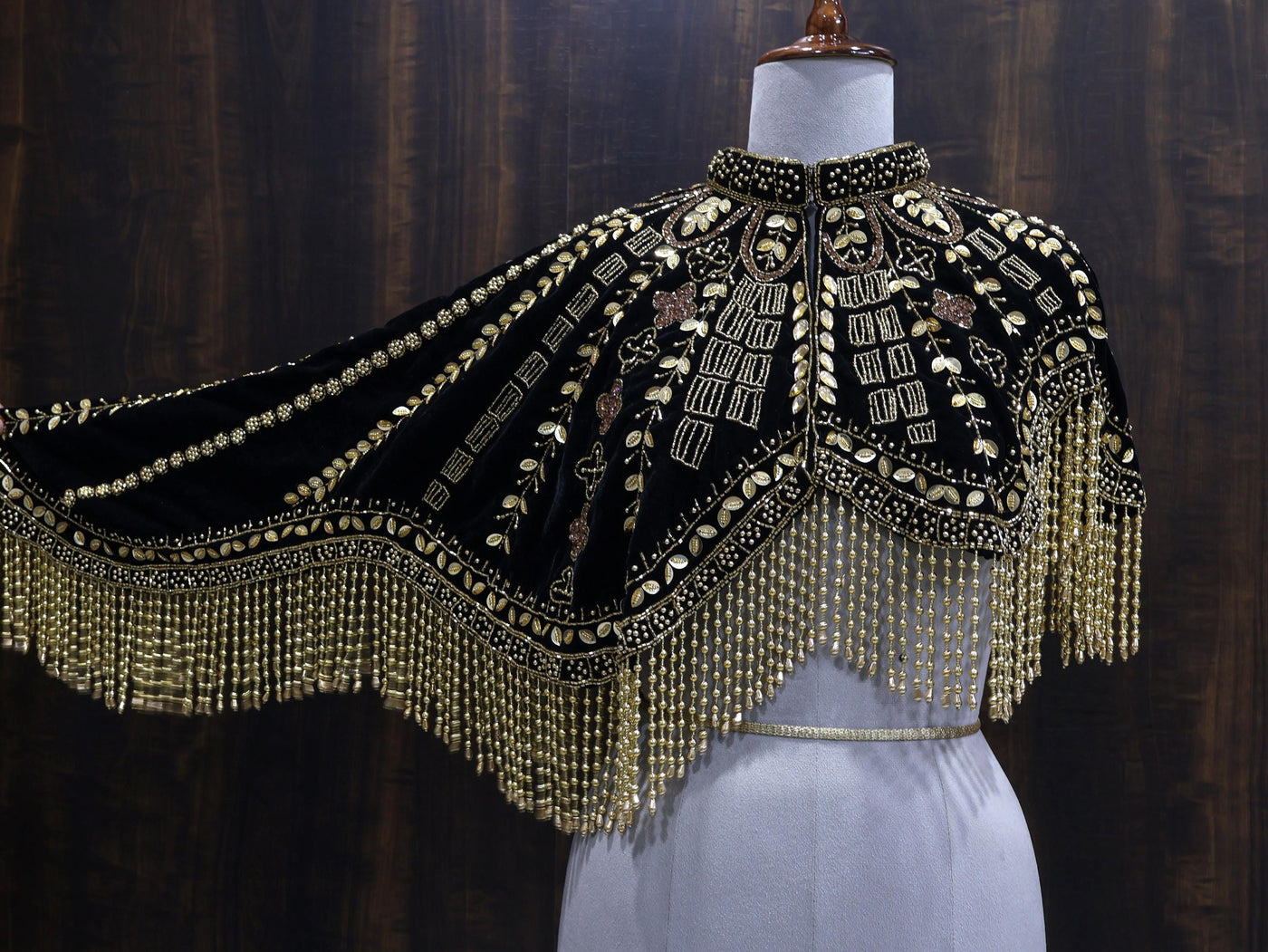 Golden Black Velvet Heavy Embroidered Drop Shoulder Cape