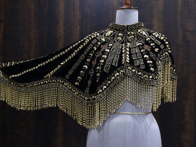 Golden Black Velvet Heavy Embroidered Drop Shoulder Cape