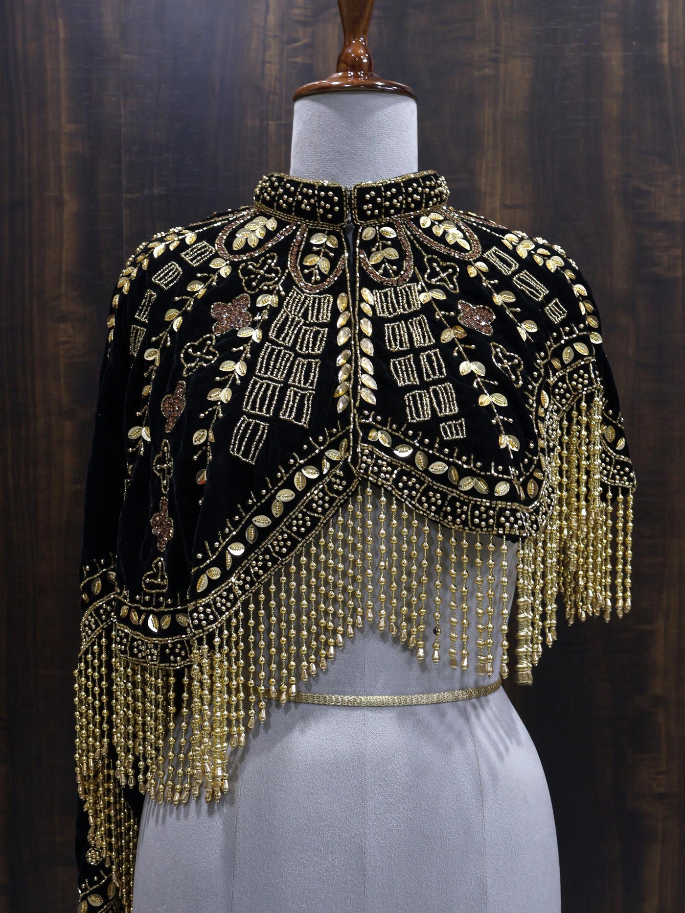 Golden Black Velvet Heavy Embroidered Drop Shoulder Cape