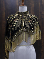 Golden Black Velvet Heavy Embroidered Drop Shoulder Cape