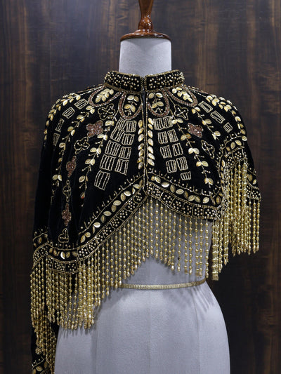Golden Black Velvet Heavy Embroidered Drop Shoulder Cape