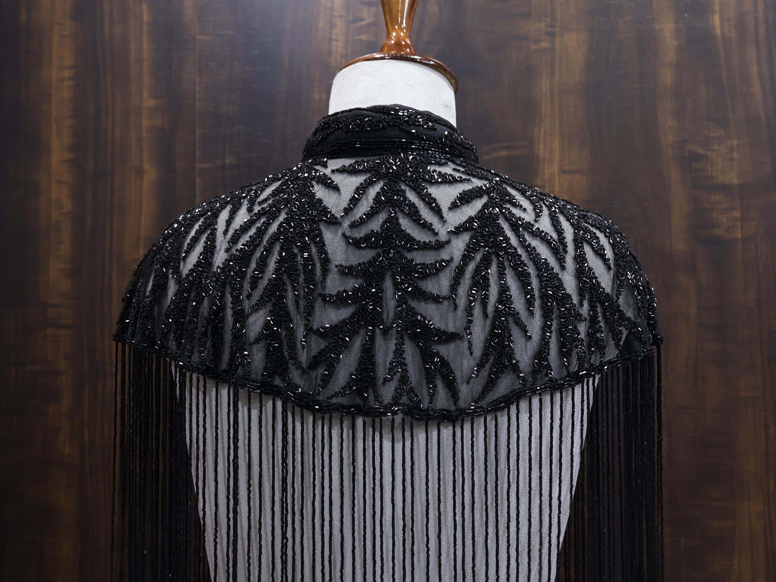 Deep Black Motif Beaded Bridal Cape: Wedding & Evening Cover-Up