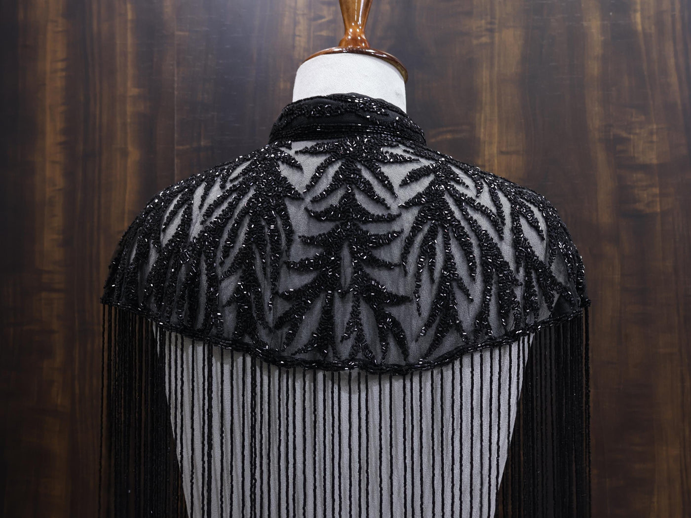 Deep Black Motif Beaded Bridal Cape: Wedding & Evening Cover-Up