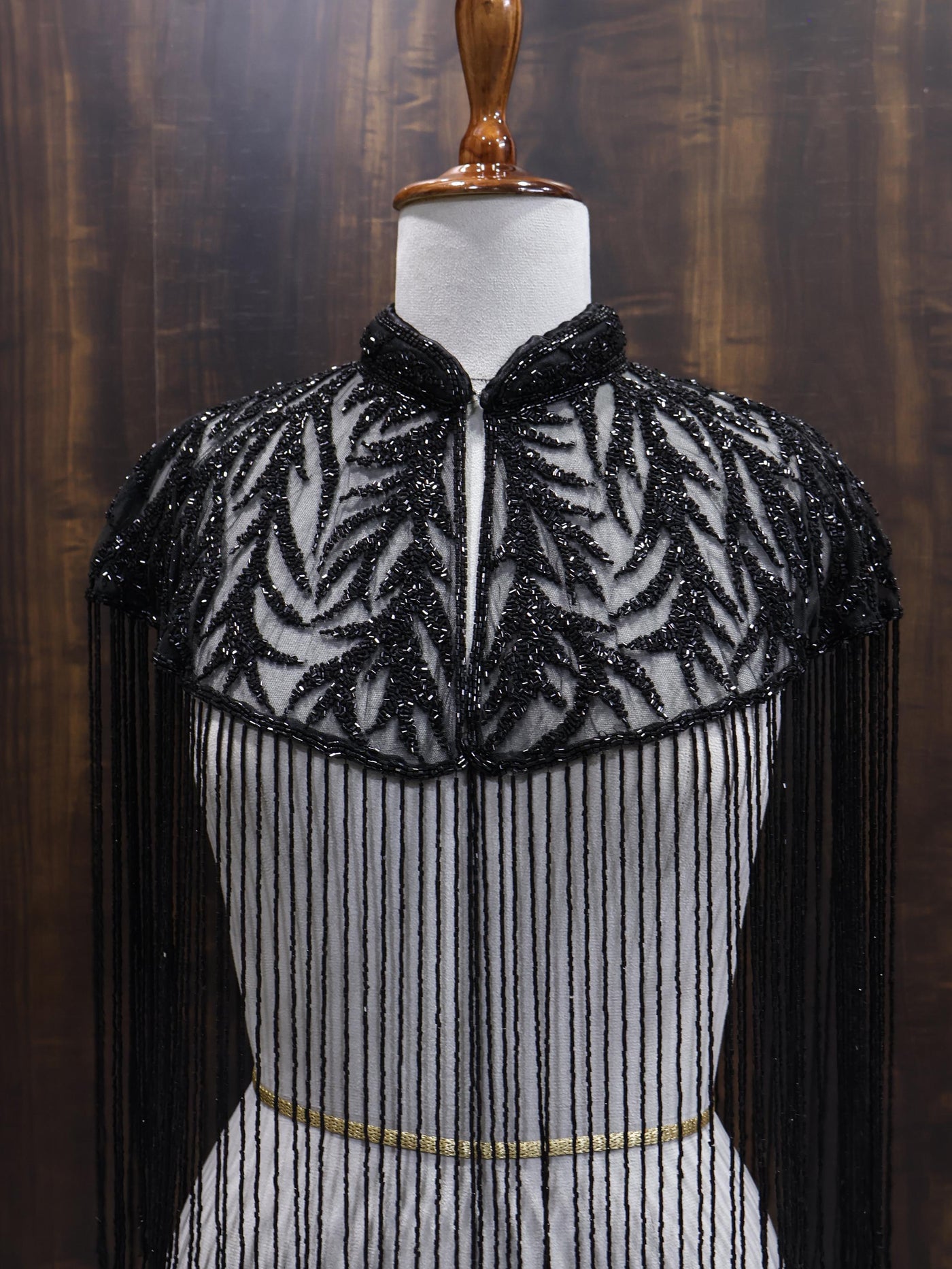 Deep Black Motif Beaded Bridal Cape: Wedding & Evening Cover-Up