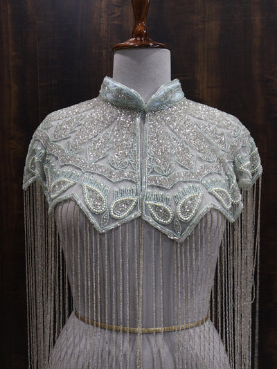 Peach/ Sky Blue Beaded Bridal Cape: Wedding & Evening Cover-Up