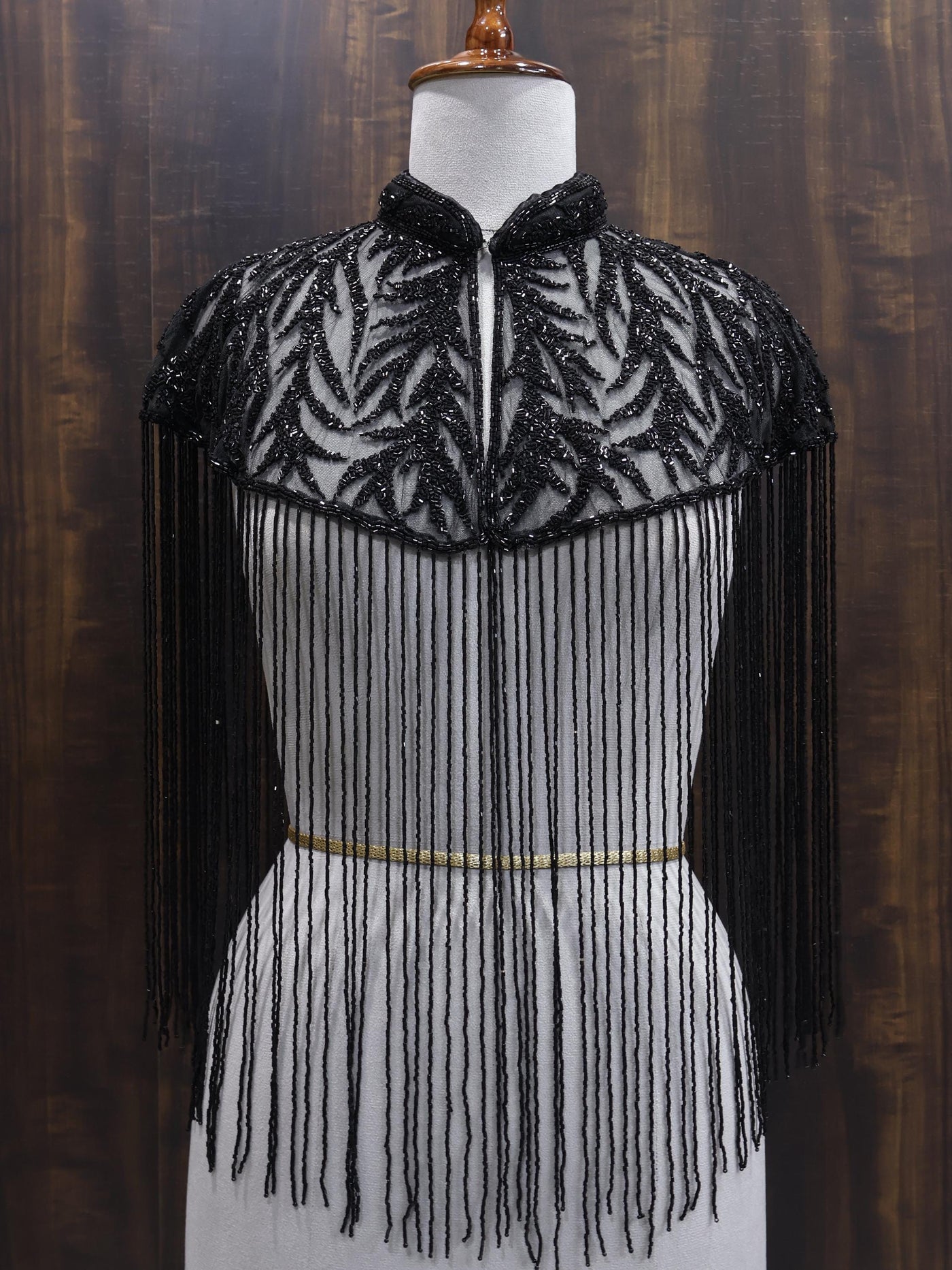 Deep Black Motif Beaded Bridal Cape: Wedding & Evening Cover-Up