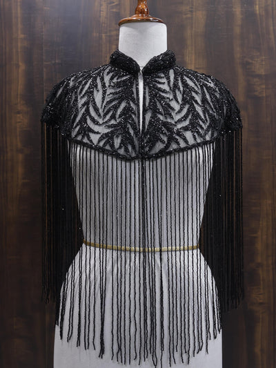 Deep Black Motif Beaded Bridal Cape: Wedding & Evening Cover-Up
