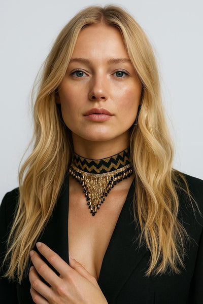 Black Golden Luxe Choker: Handmade Ethnic Beaded Necklace