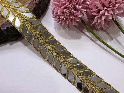 Antique Gold Designer Mirror Cutwork Trim: Indian Vine Lace Border