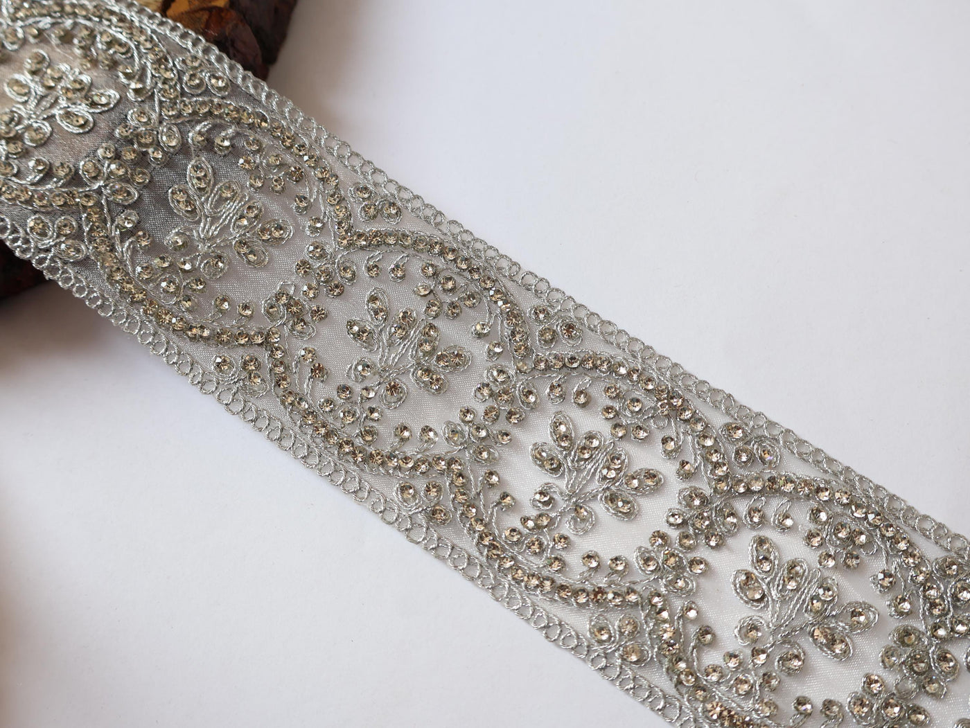 Silver Zircon Net Embroidered Trim: Indian Sari Border 8cm Wide