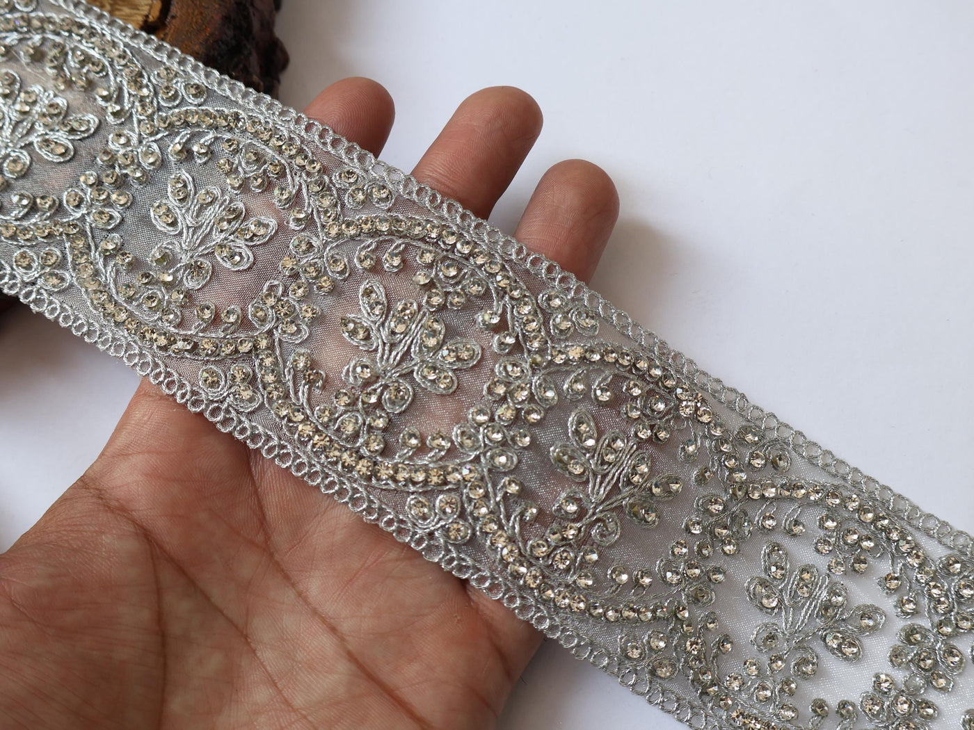 Silver Zircon Net Embroidered Trim: Indian Sari Border 8cm Wide