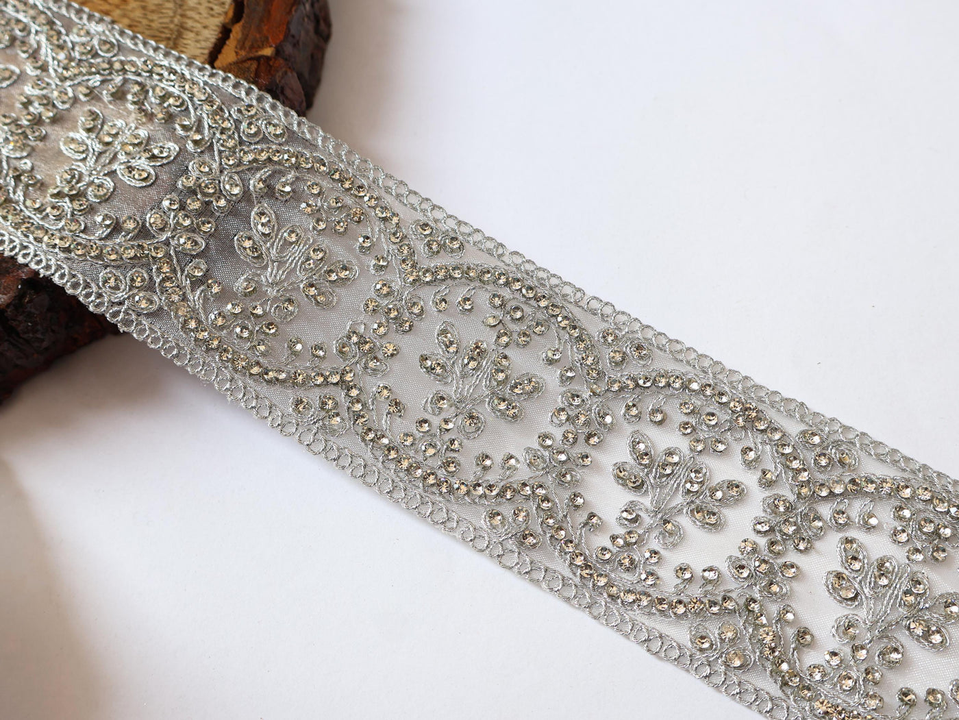 Silver Zircon Net Embroidered Trim: Indian Sari Border 8cm Wide