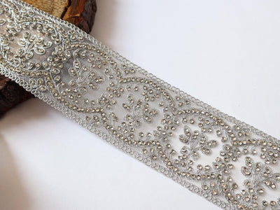Silver Zircon Net Embroidered Trim: Indian Sari Border 8cm Wide