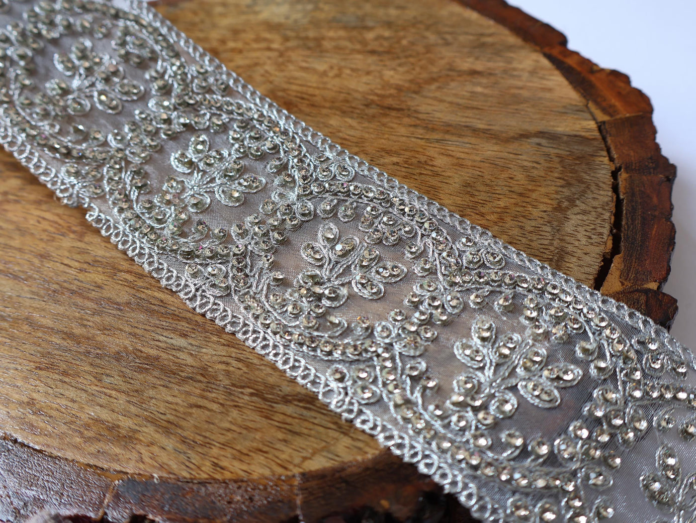 Silver Zircon Net Embroidered Trim: Indian Sari Border 8cm Wide