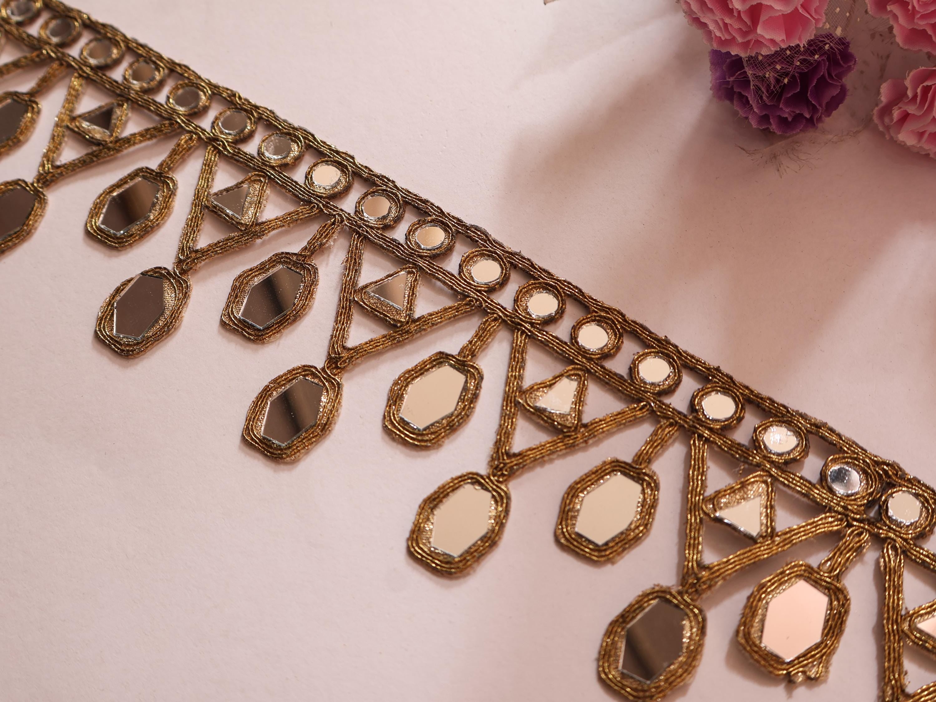 mirror work laces for dress Zari Mirror Lace Golden Wedding Dress Embellishment Trim, Mirror Work Crafting Indian Lace at 1000/piece | Jaipur