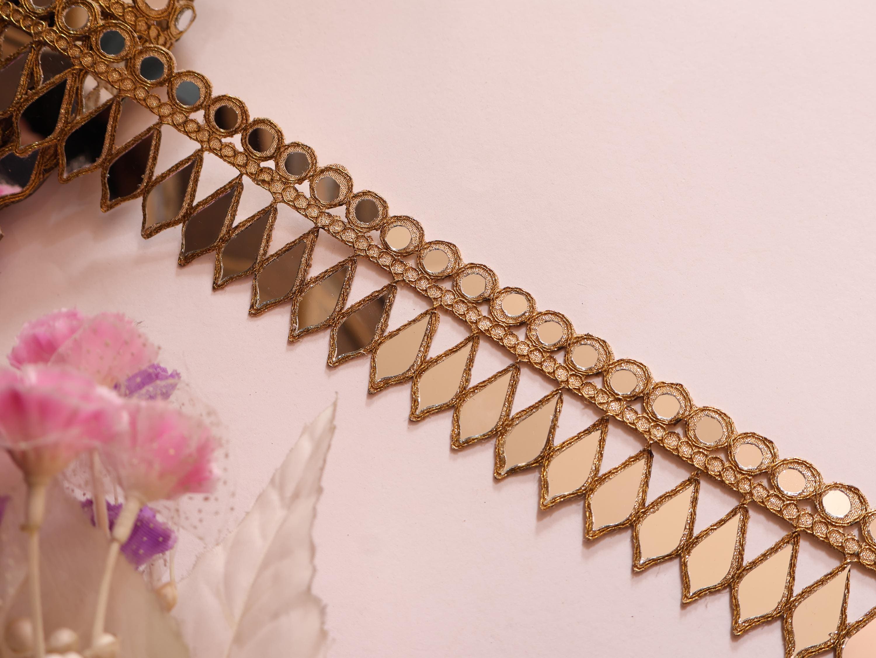 Cutwork Mirror Designer Choker Lace: Gold Indian Lace Trim (4cm Wide)