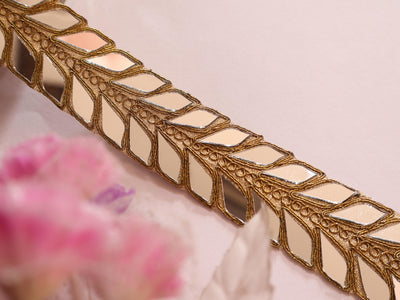Antique Gold Designer Mirror Cutwork Trim: Indian Vine Lace Border
