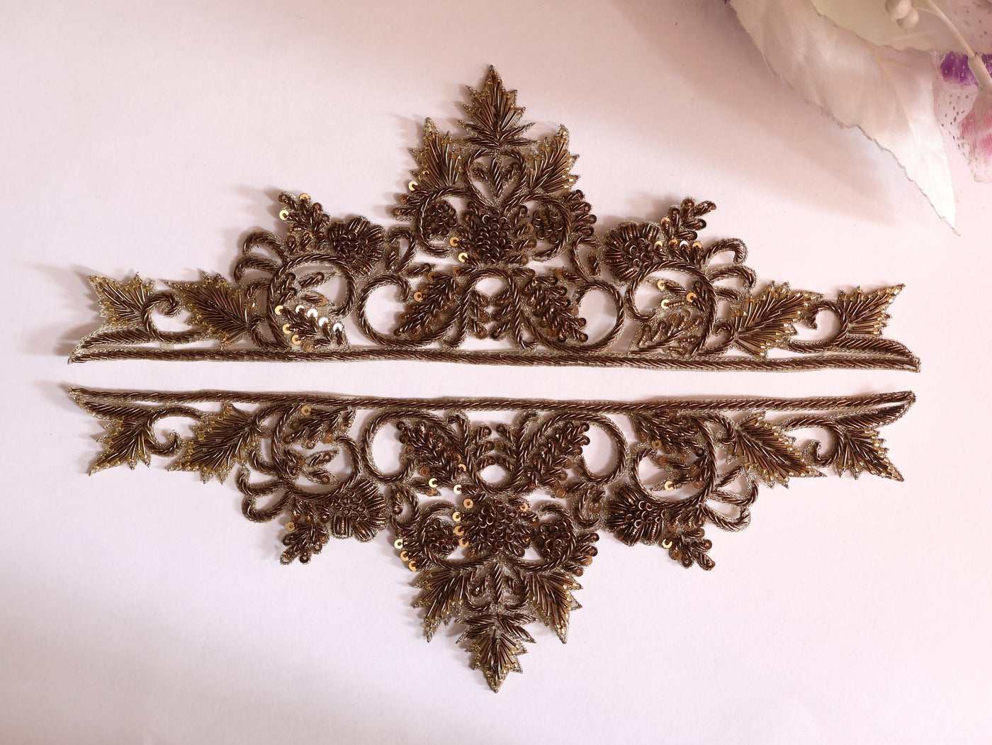 Zardozi Sleeve Patches: Antique Gold Indian Applique (1 Pair)