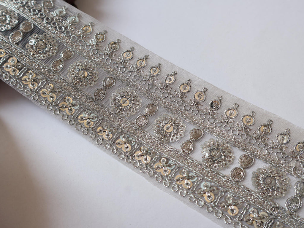 Silver Sequin Embroidered Trim: Floral Vine Sari Border, 9 Yard Long