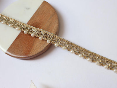 9 Yards Narrow Pearl Gold Beaded Lace Trim - 1.5cm Wide