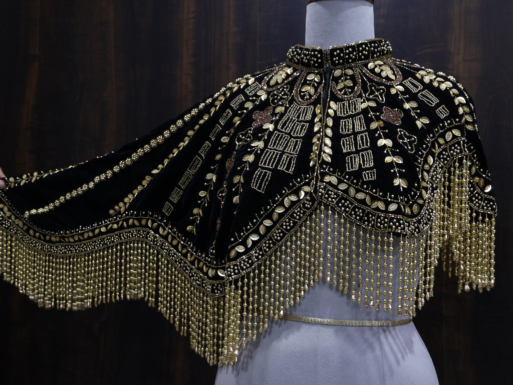 Golden Black Velvet Heavy Embroidered Drop Shoulder Cape