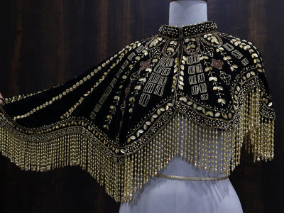 Golden Black Velvet Heavy Embroidered Drop Shoulder Cape