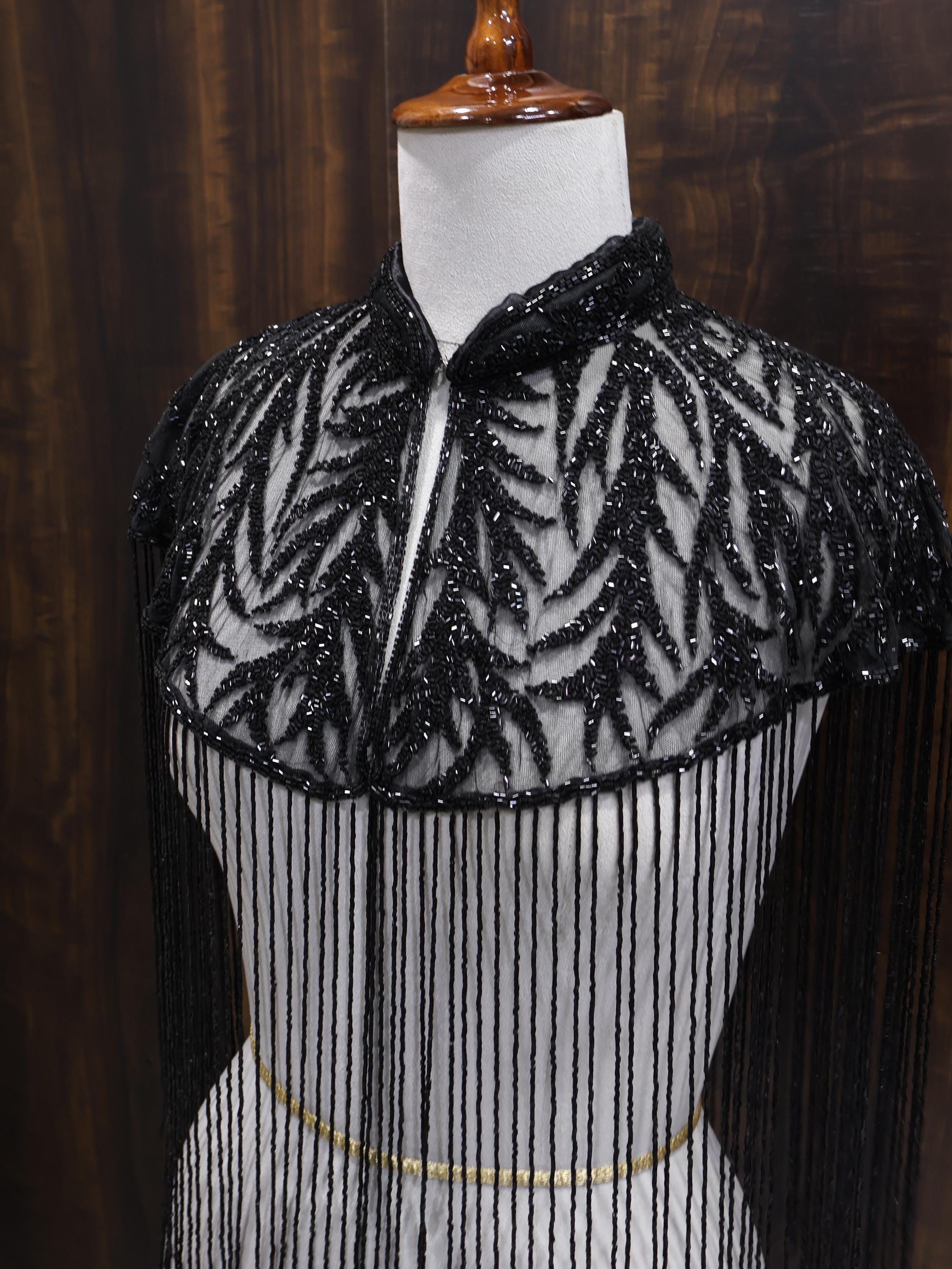 Deep Black Motif Beaded Bridal Cape: Wedding & Evening Cover-Up