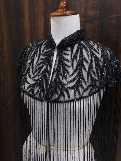 Deep Black Motif Beaded Bridal Cape: Wedding & Evening Cover-Up