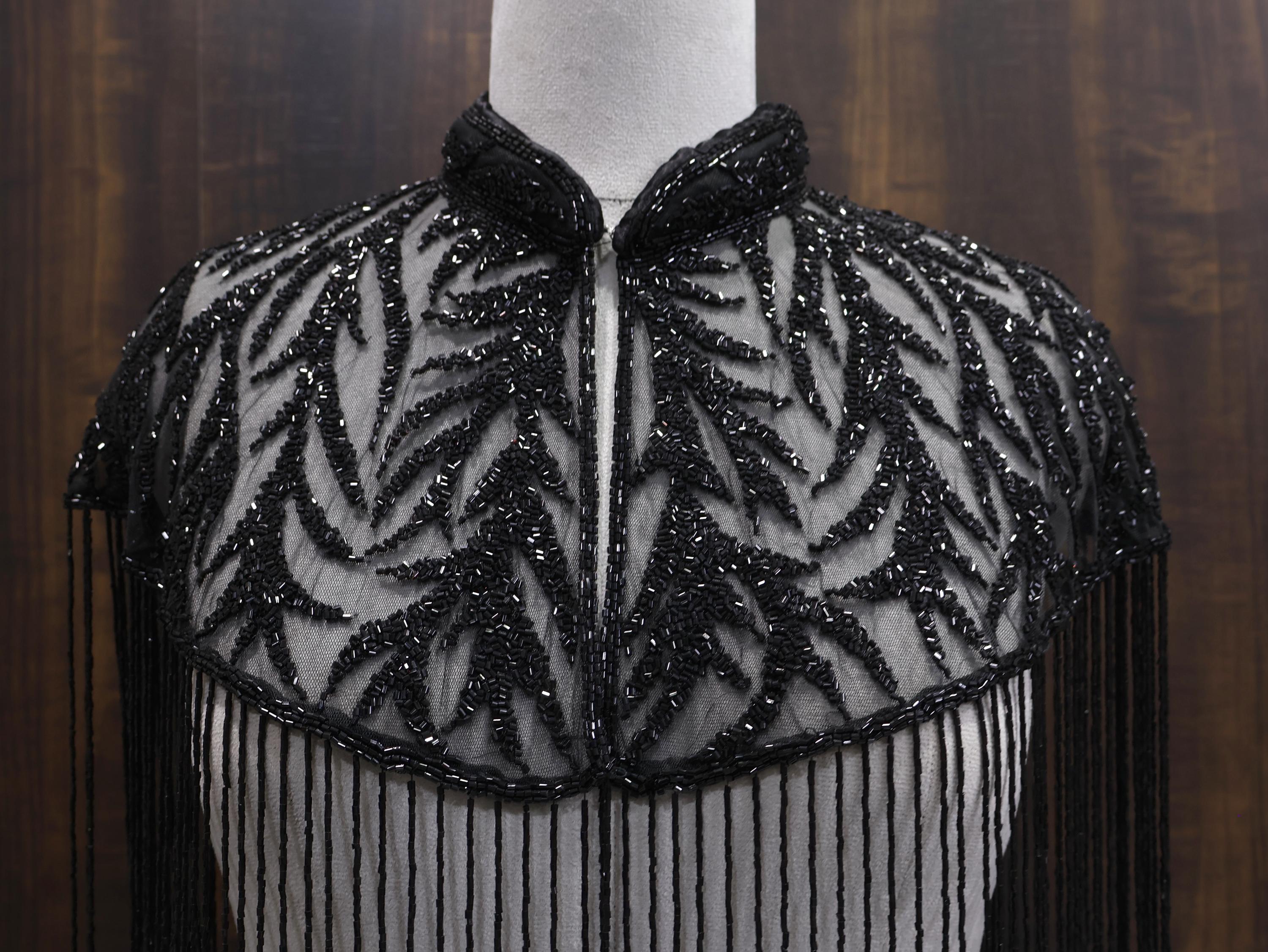 Deep Black Motif Beaded Bridal Cape: Wedding & Evening Cover-Up