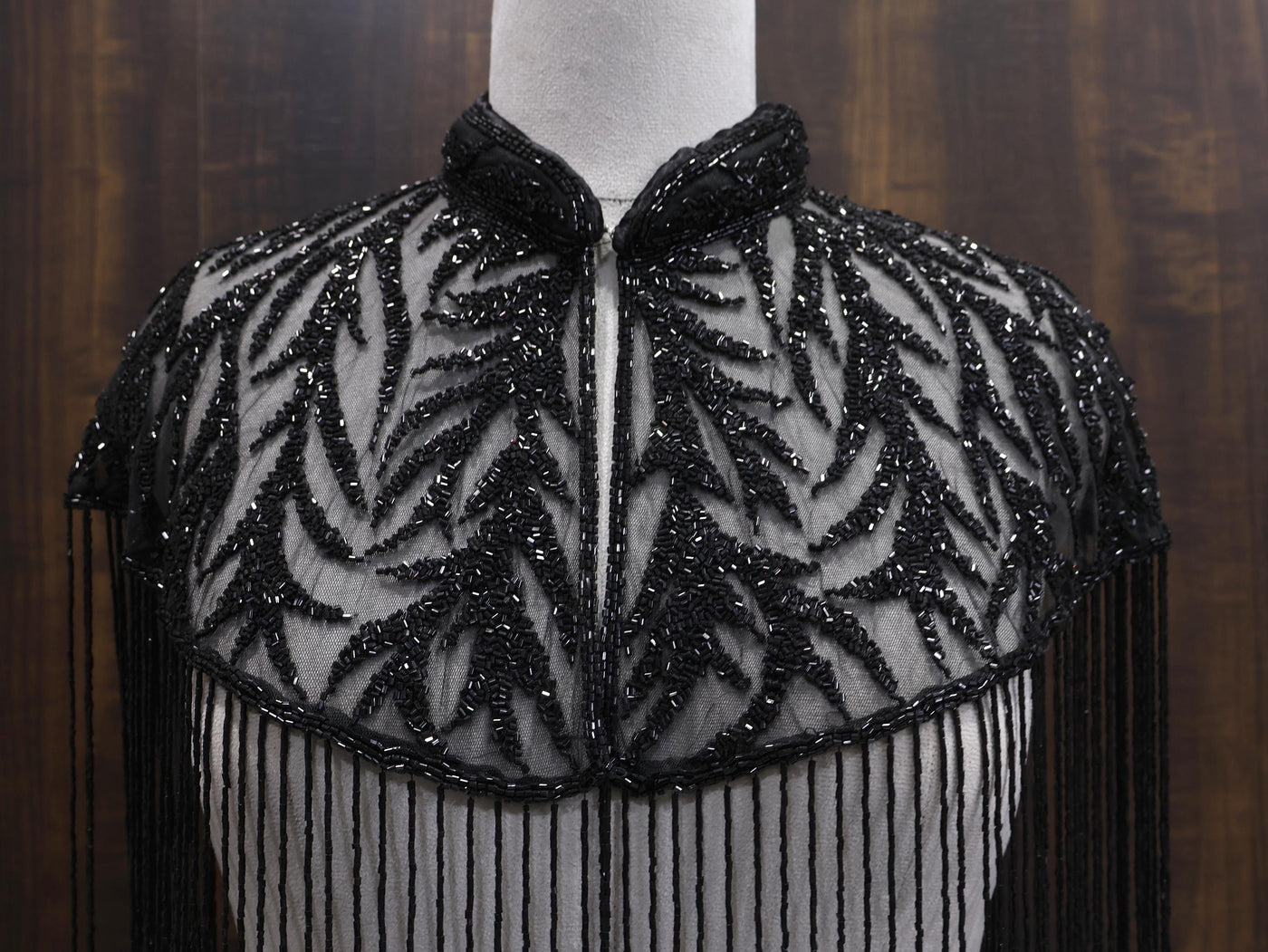 Deep Black Motif Beaded Bridal Cape: Wedding & Evening Cover-Up