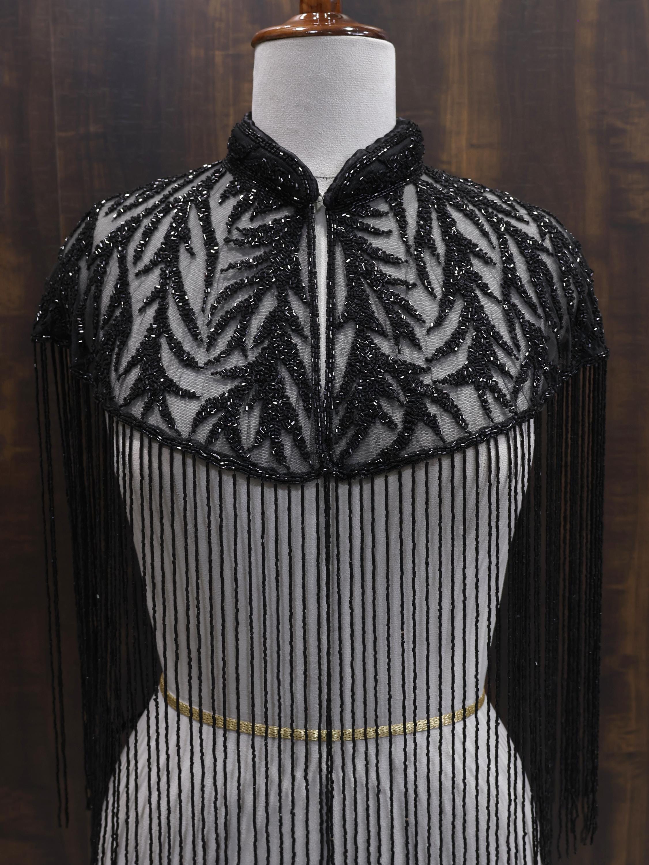 Deep Black Motif Beaded Bridal Cape: Wedding & Evening Cover-Up