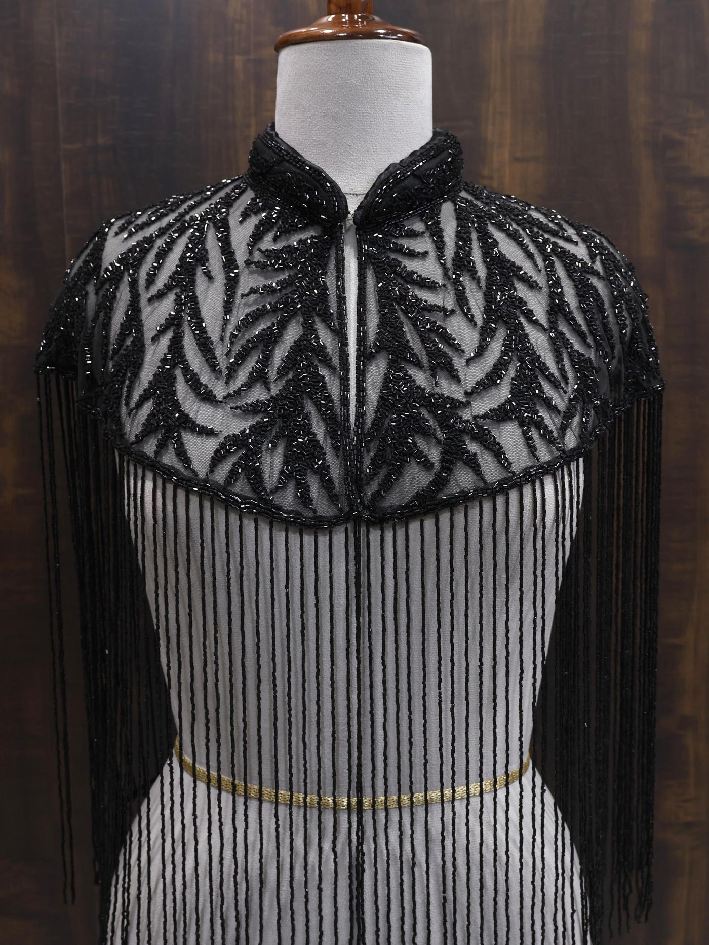 Deep Black Motif Beaded Bridal Cape: Wedding & Evening Cover-Up