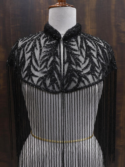 Deep Black Motif Beaded Bridal Cape: Wedding & Evening Cover-Up