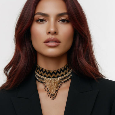 Black Golden Luxe Choker: Handmade Ethnic Beaded Necklace