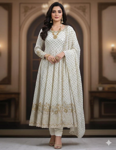 White Crepe Fabric: Beaded Indian Handwork, 60 Inch