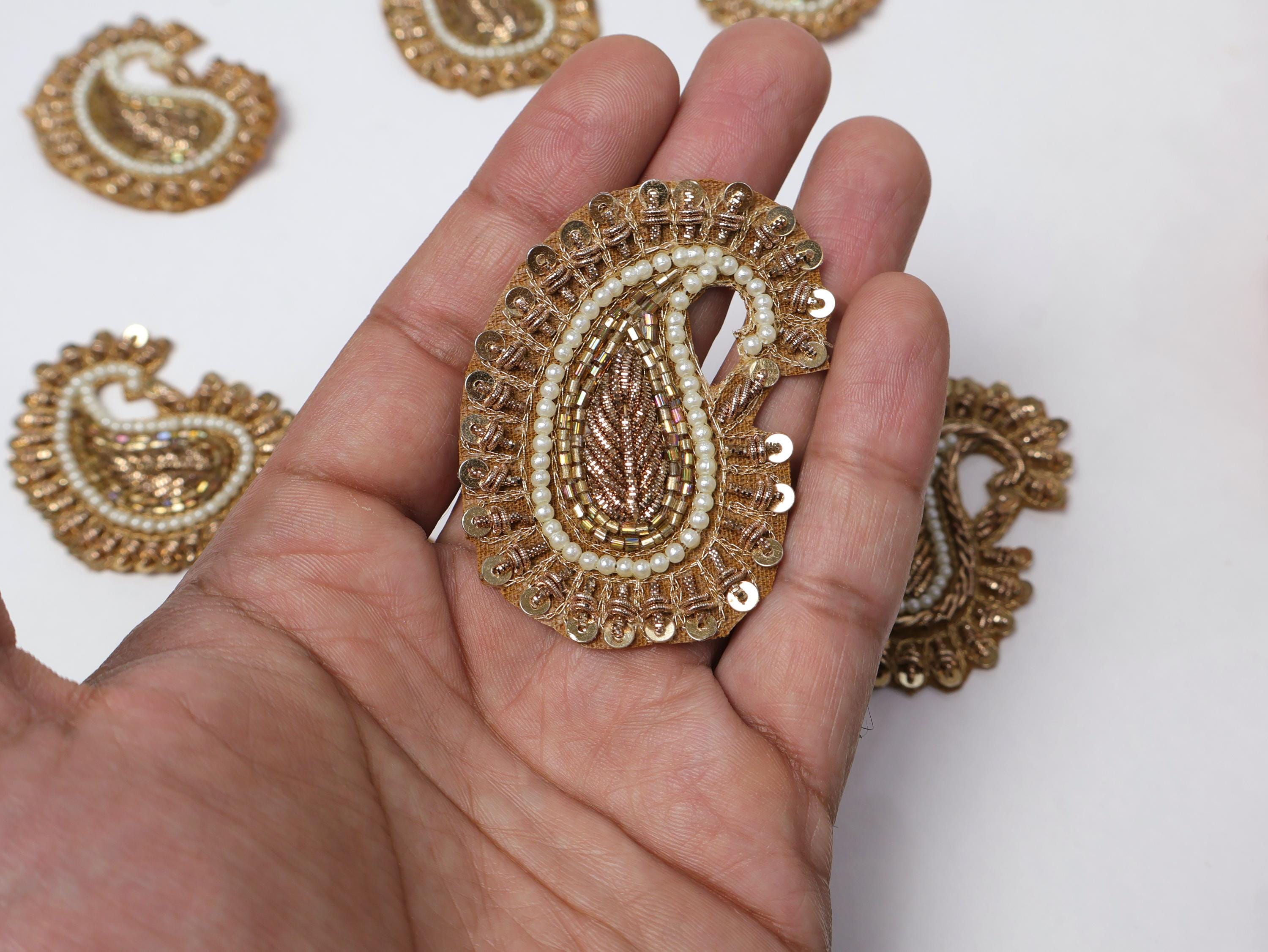 Antique Gold Pearl Leaf Applique Patches: 10 pcs Indian Zardozi Patch