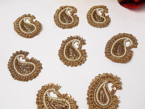 Antique Gold Pearl Leaf Applique Patches: 10 pcs Indian Zardozi Patch